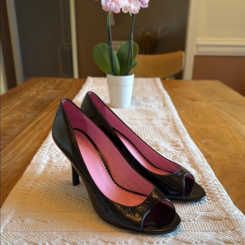 Lilly Pulitzer Black Patent Peep-Toe Heels with Pink Lining